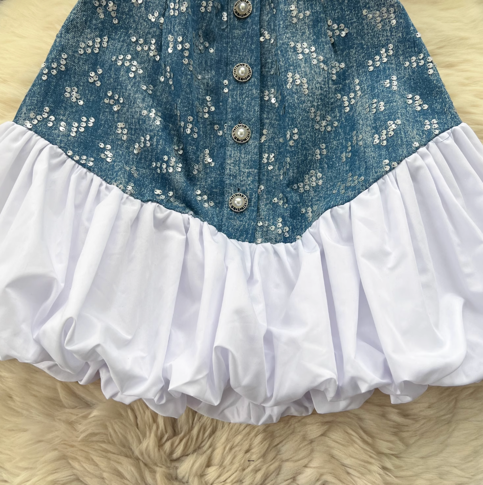 Sequined Embroidery Puffy Denim Dress