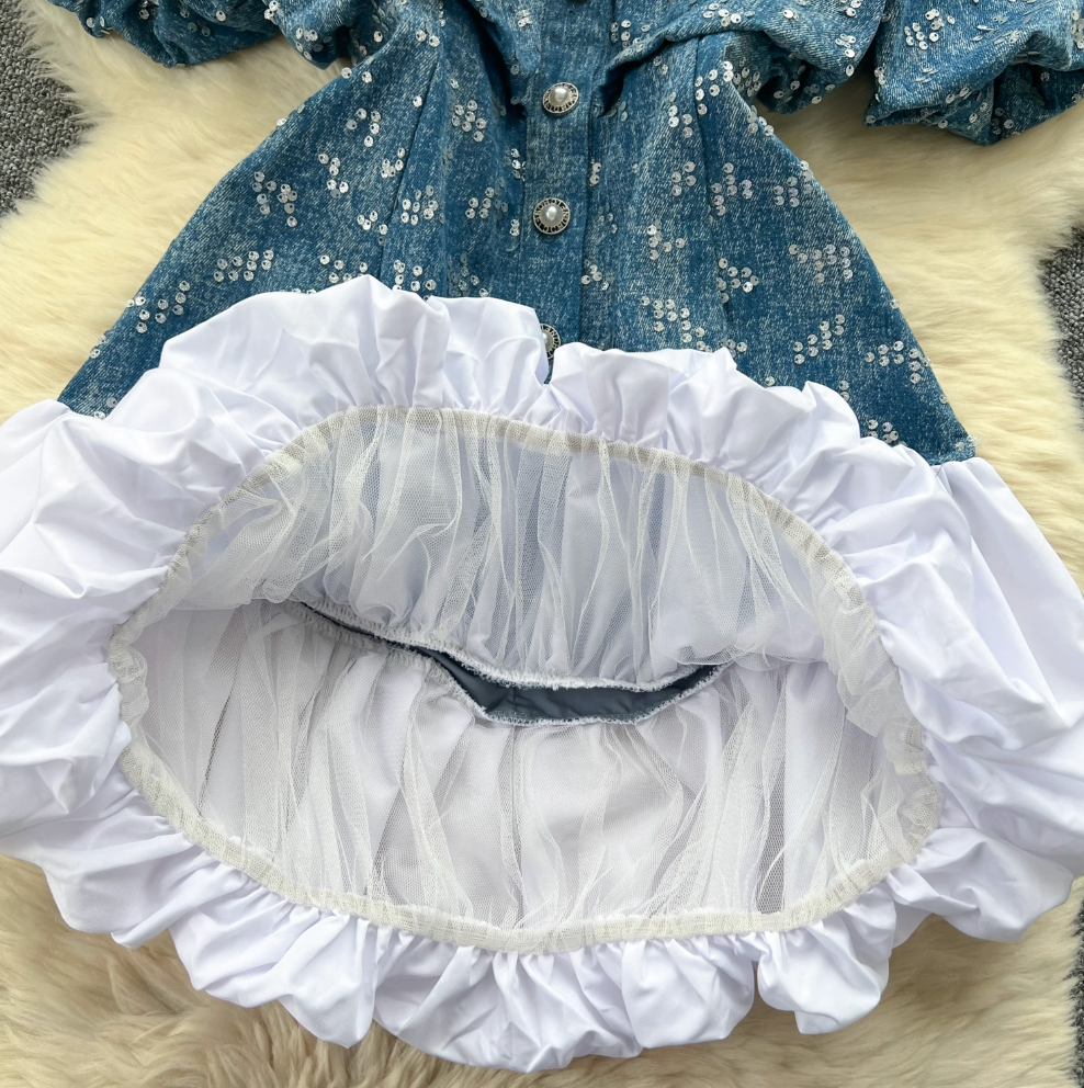 Sequined Embroidery Puffy Denim Dress