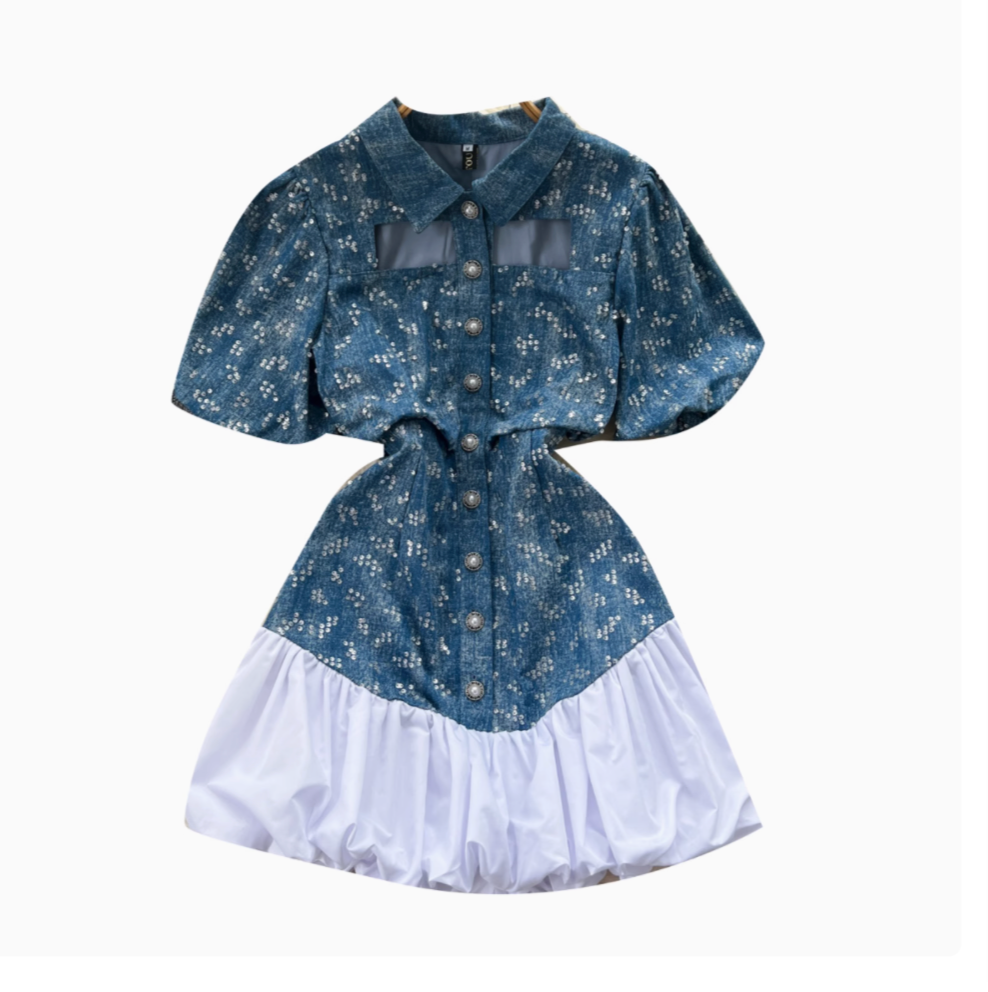 Sequined Embroidery Puffy Denim Dress