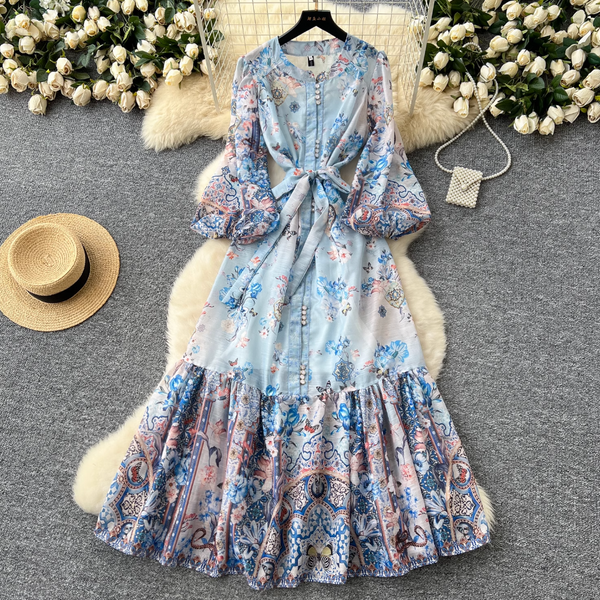 French Style Beaded Ruffled Floral Dress