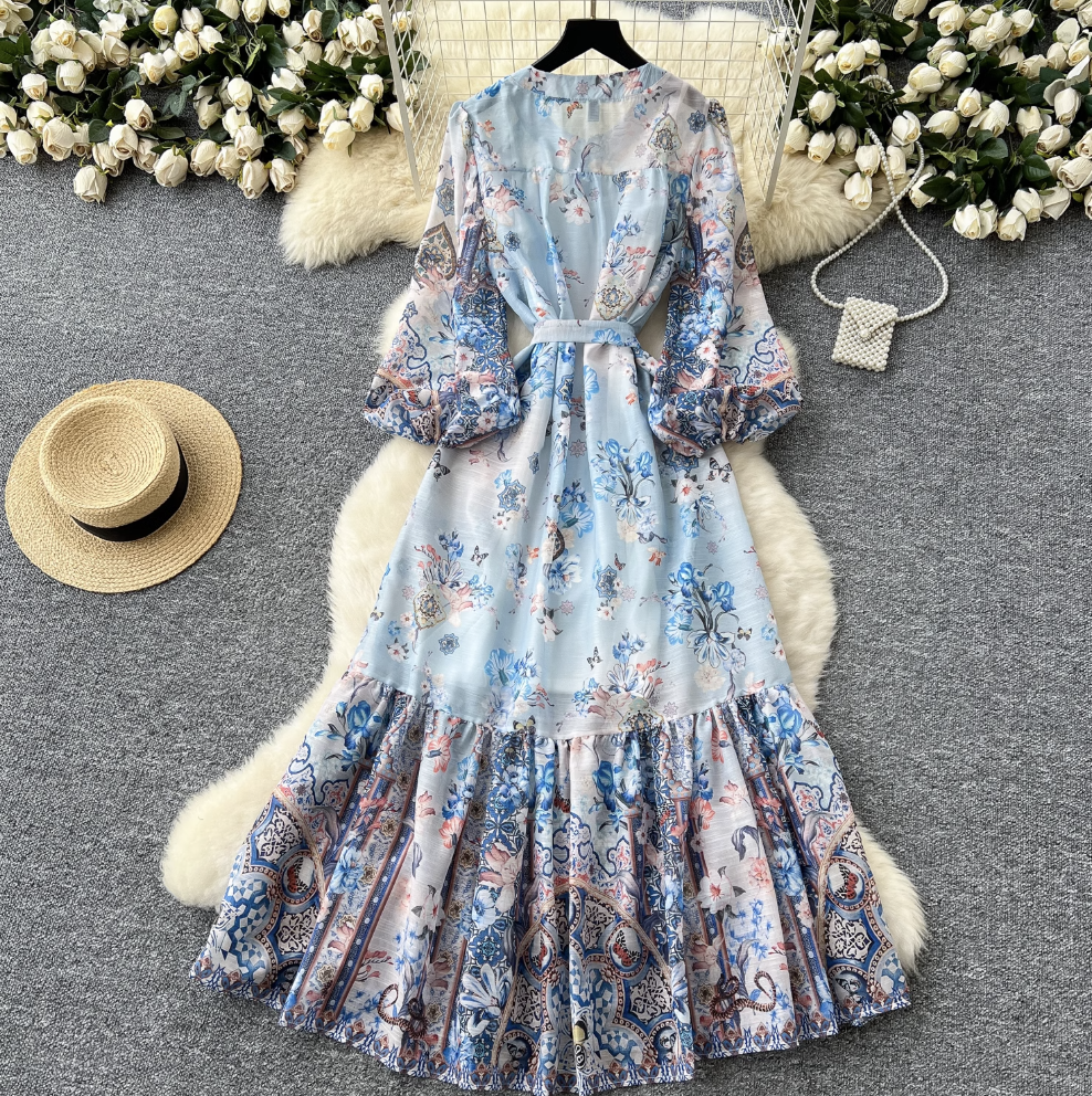 French Style Beaded Ruffled Floral Dress