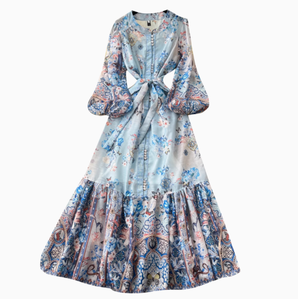 French Style Beaded Ruffled Floral Dress