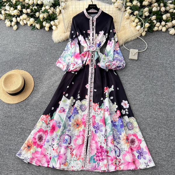 Vintage Flared Sleeve Floral Dress