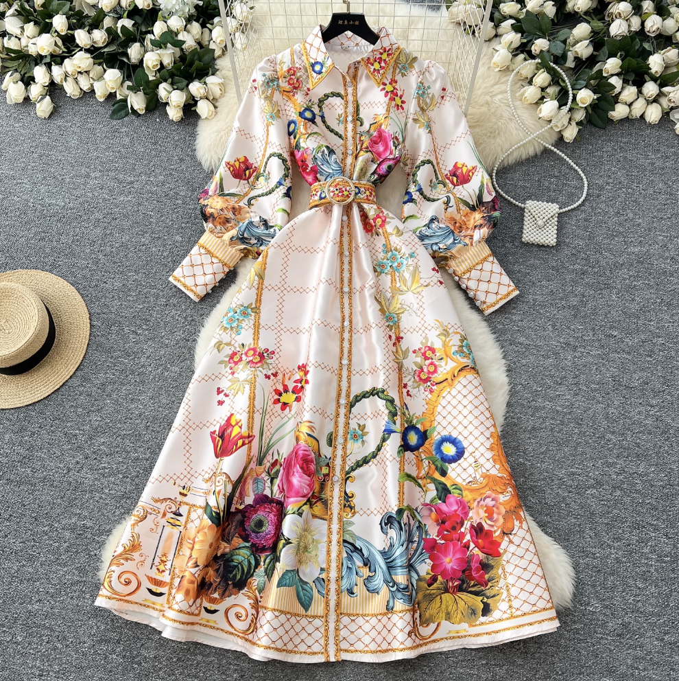 Courtly Floral Dress with Belt