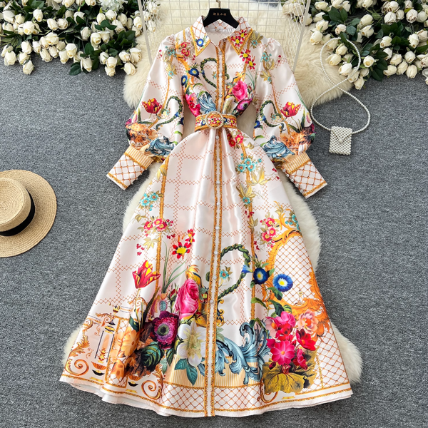 Courtly Floral Dress with Belt
