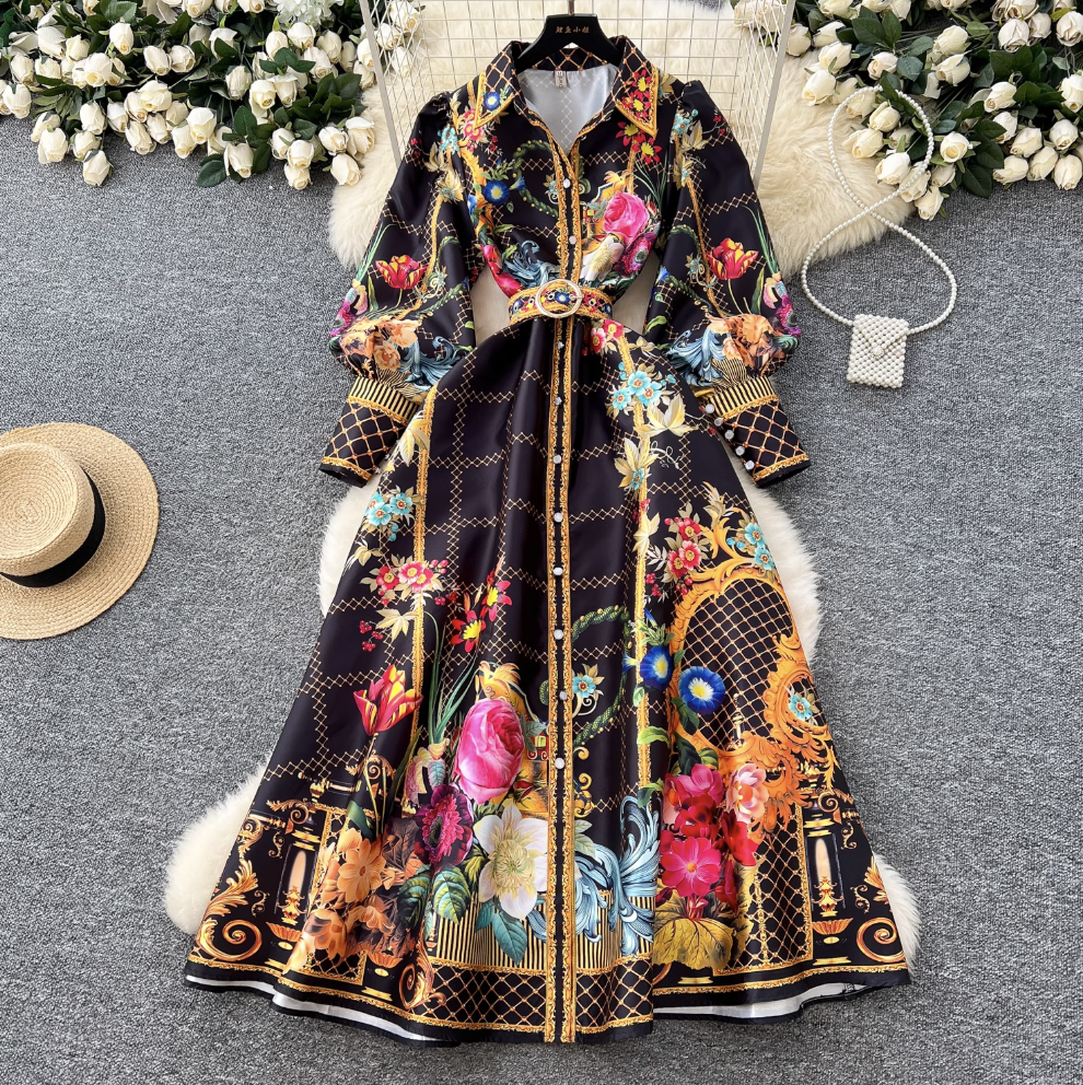 Courtly Floral Dress with Belt