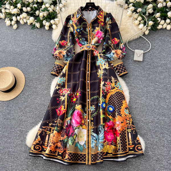 Courtly Floral Dress with Belt