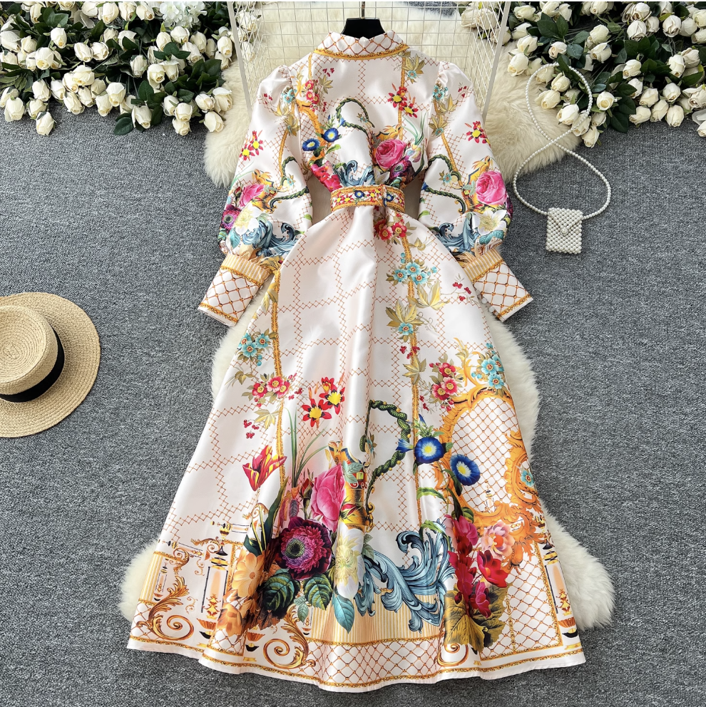 Courtly Floral Dress with Belt