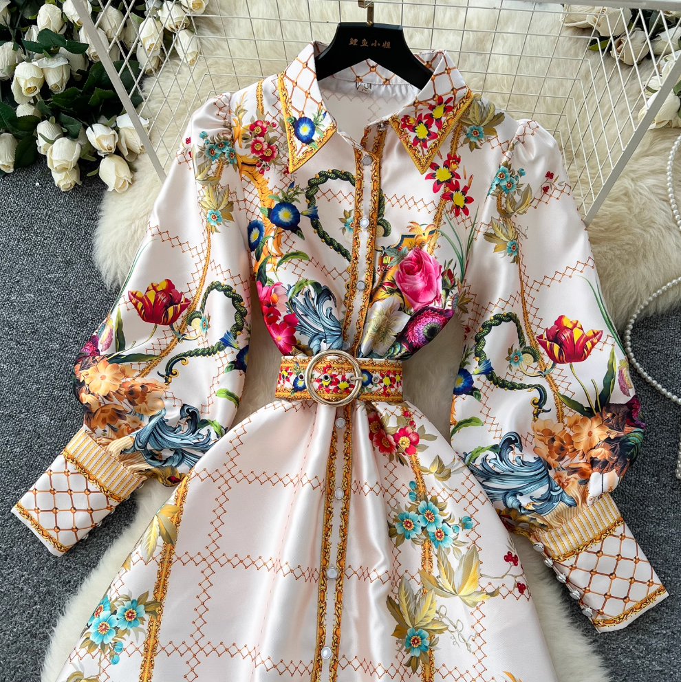 Courtly Floral Dress with Belt
