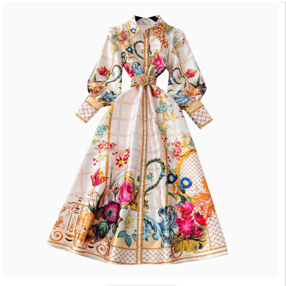 Courtly Floral Dress with Belt