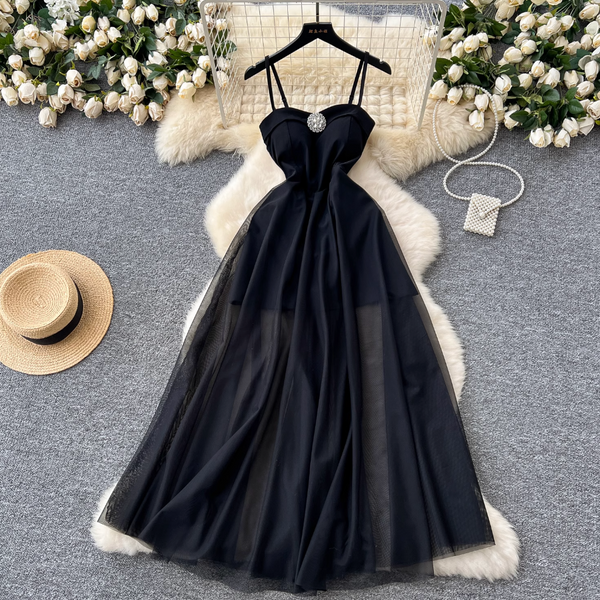 Premium Black Puffy Mesh Slip Dress
