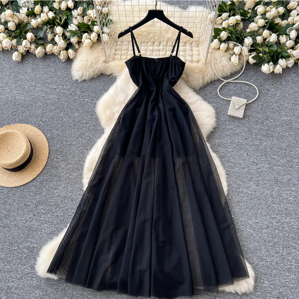 Premium Black Puffy Mesh Slip Dress