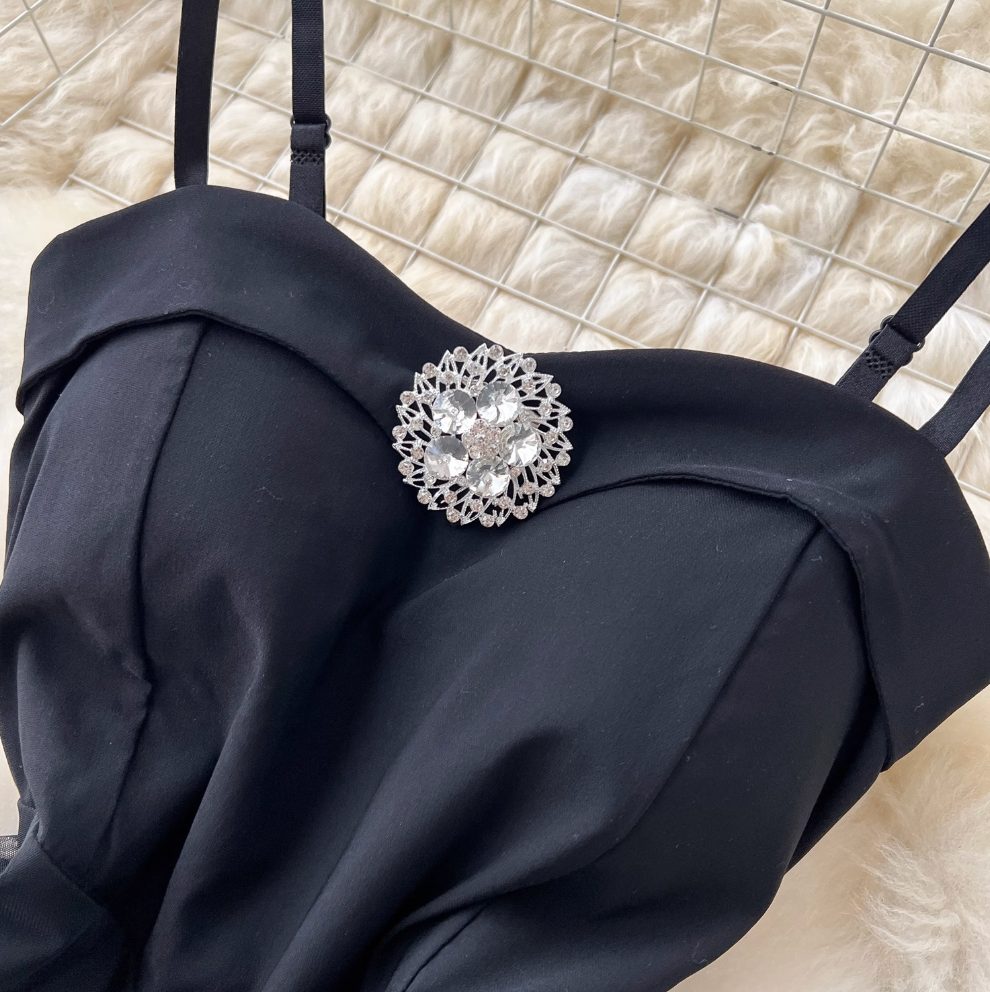 Premium Black Puffy Mesh Slip Dress