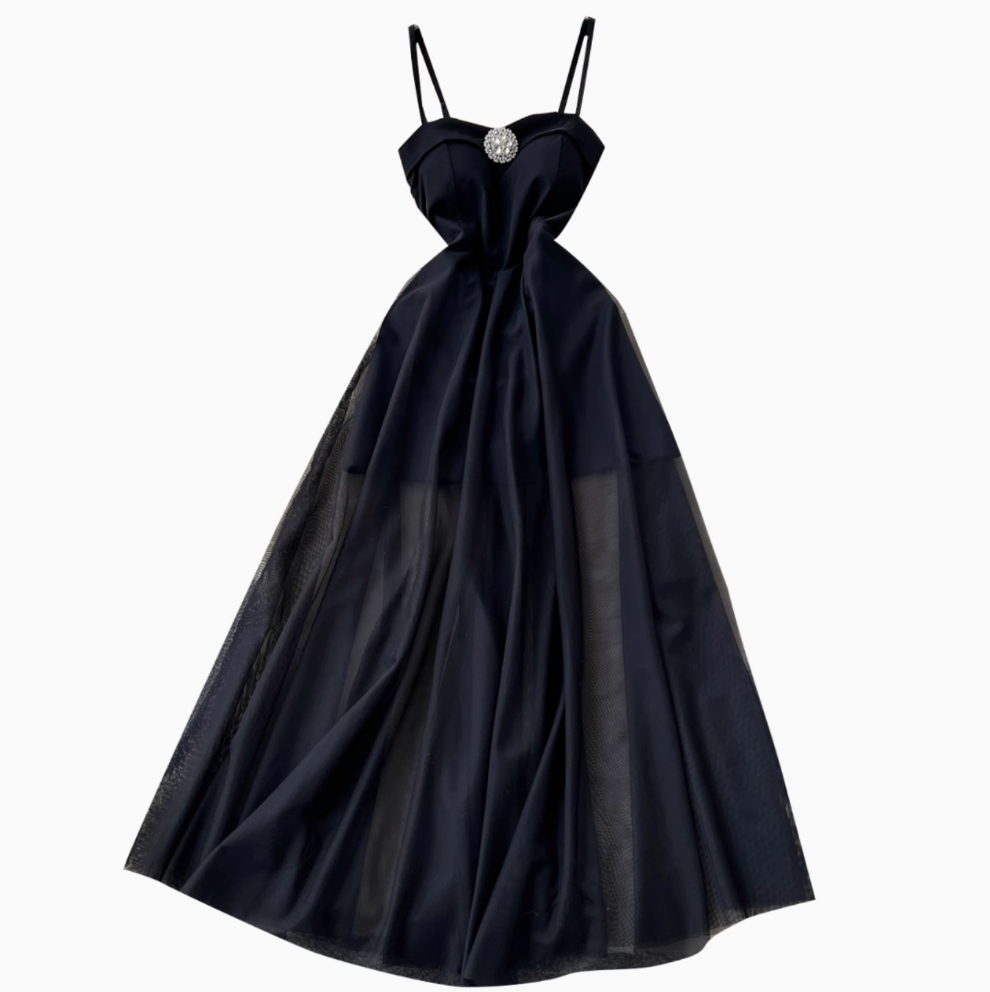 Premium Black Puffy Mesh Slip Dress