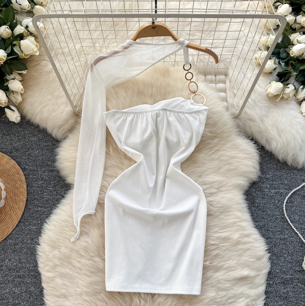 Sexy Metal Buckle Mesh Short Dress