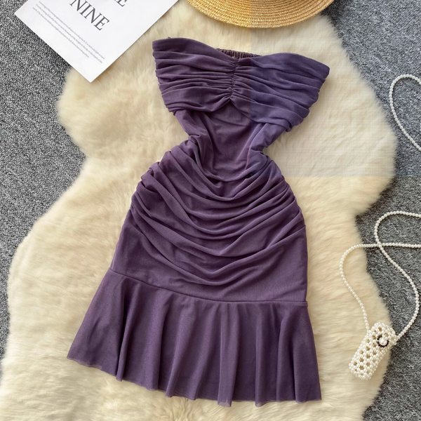 Off-shoulder Solid Color Ruffled Dress