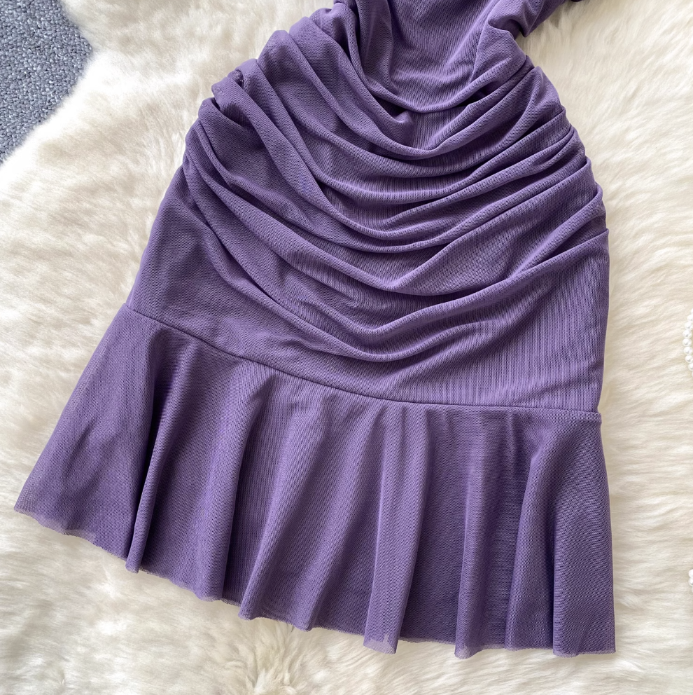 Off-shoulder Solid Color Ruffled Dress