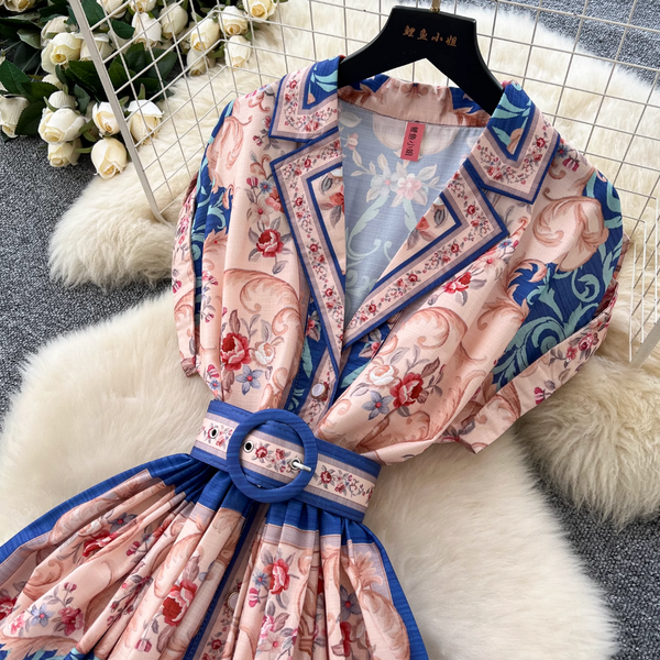Vintage Suit Collar Floral Printed Dress