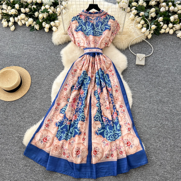 Vintage Suit Collar Floral Printed Dress