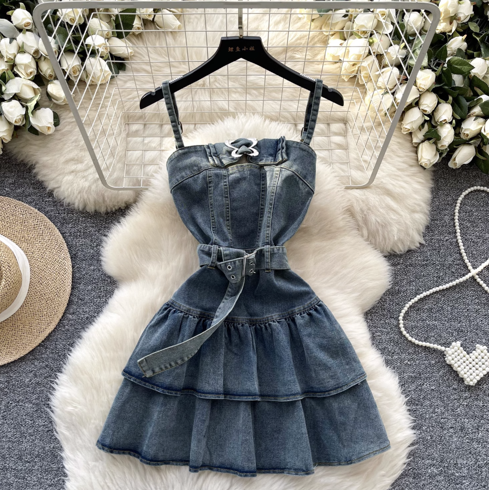 Metal Buckled Ruffled Denim Slip Dress