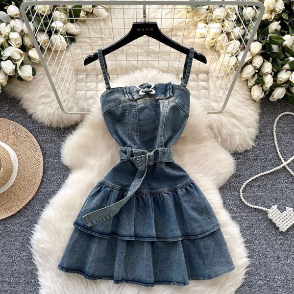 Metal Buckled Ruffled Denim Slip Dress