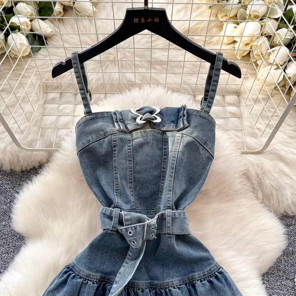 Metal Buckled Ruffled Denim Slip Dress