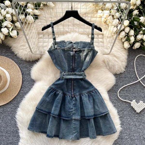 Metal Buckled Ruffled Denim Slip Dress