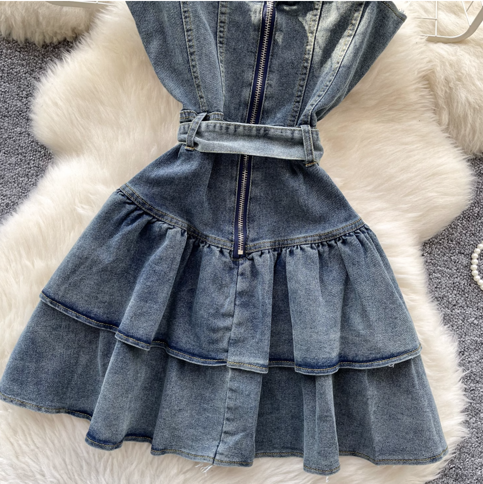 Metal Buckled Ruffled Denim Slip Dress