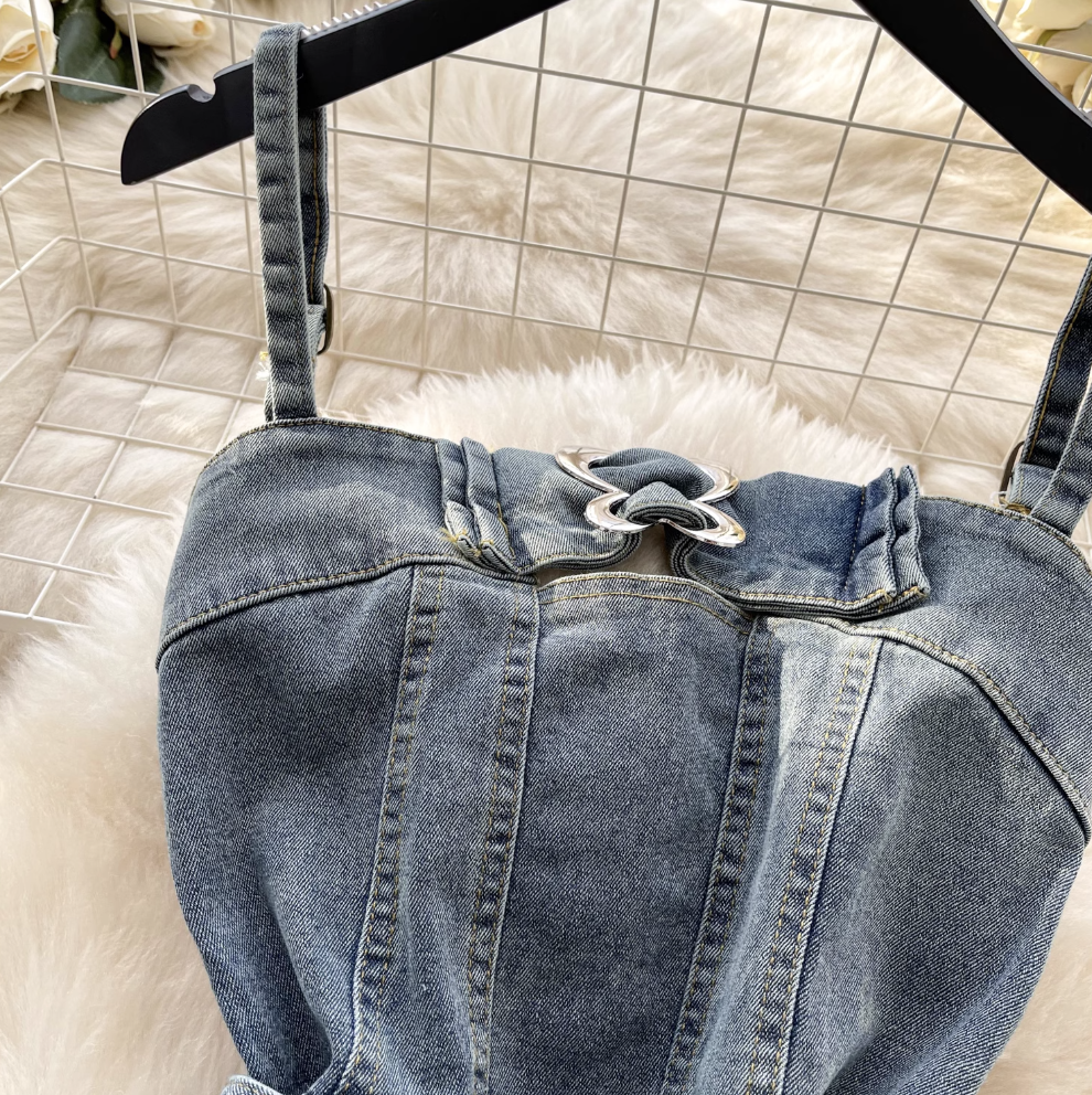 Metal Buckled Ruffled Denim Slip Dress