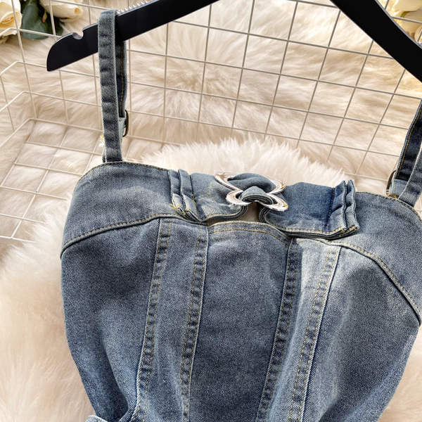 Metal Buckled Ruffled Denim Slip Dress