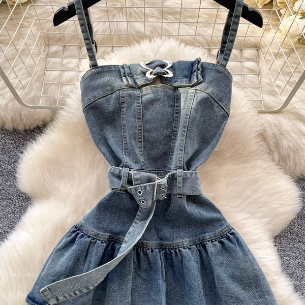 Metal Buckled Ruffled Denim Slip Dress