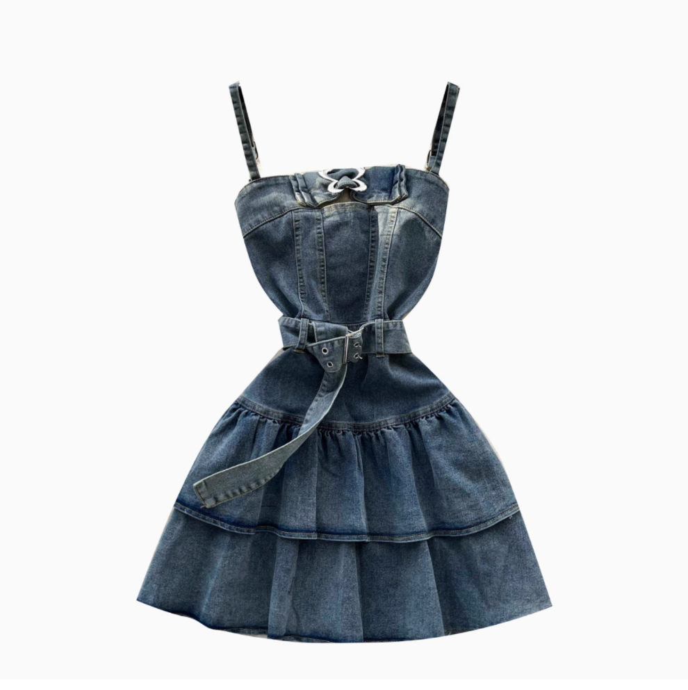 Metal Buckled Ruffled Denim Slip Dress