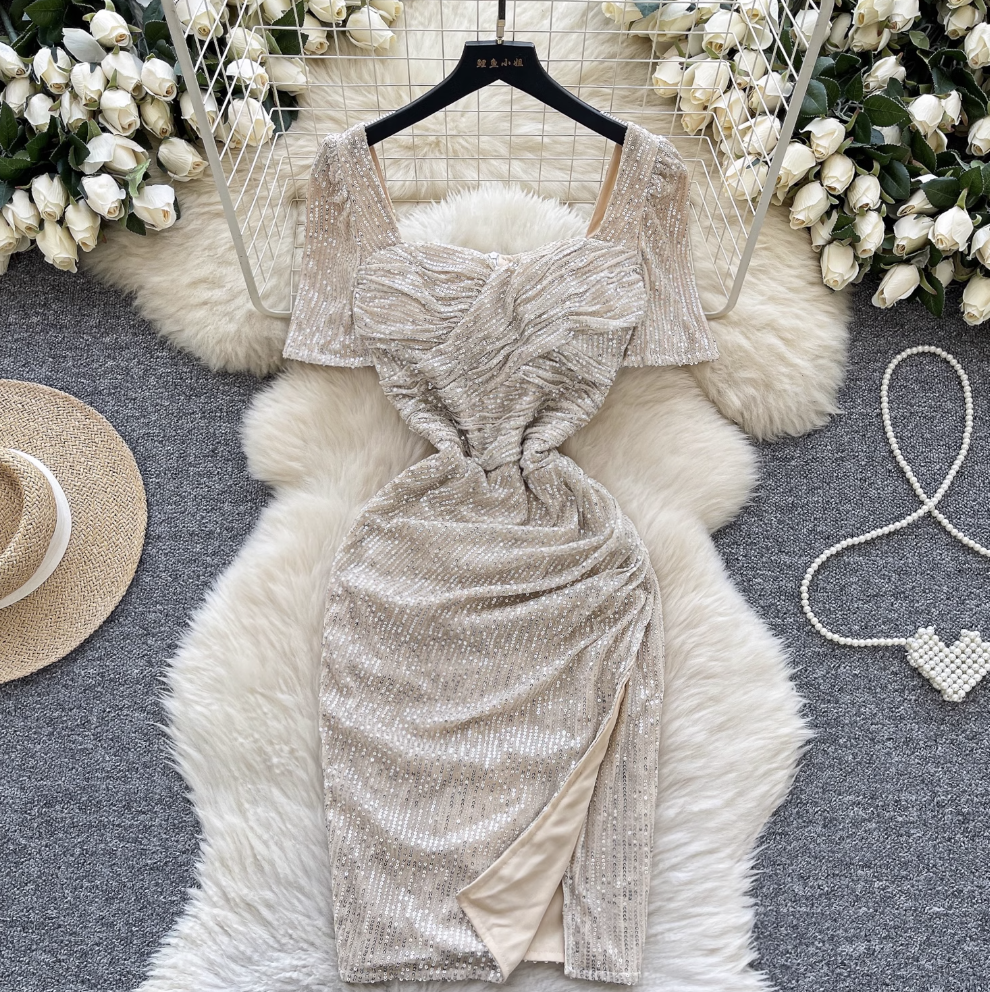 Square Neckline Sequined Split Dress