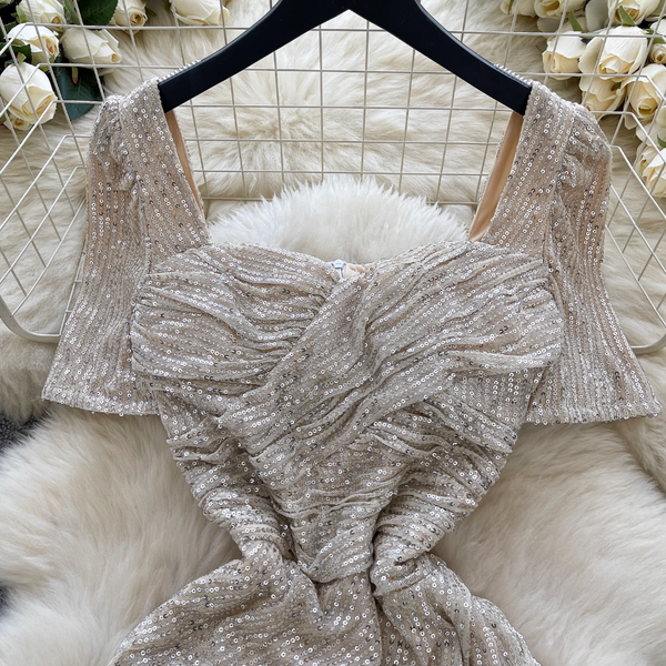 Square Neckline Sequined Split Dress