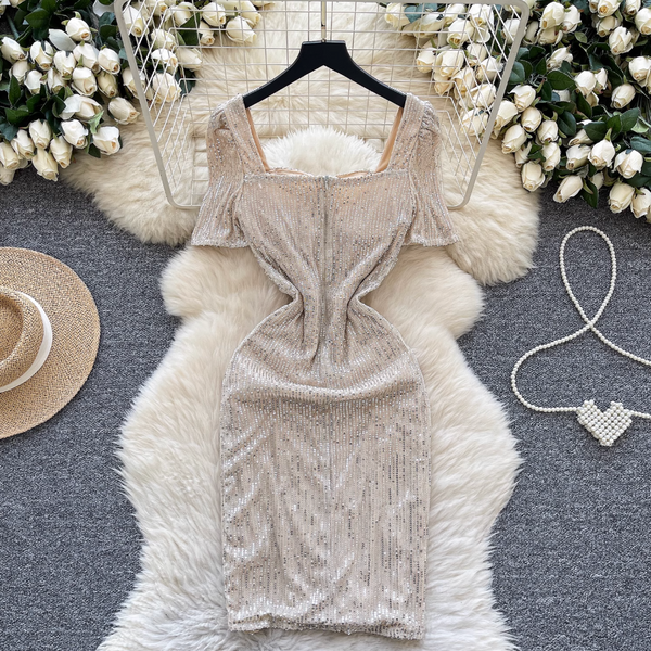 Square Neckline Sequined Split Dress