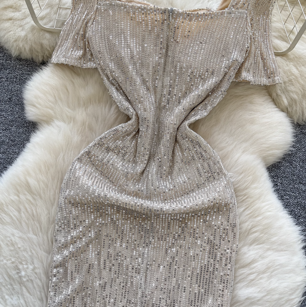 Square Neckline Sequined Split Dress
