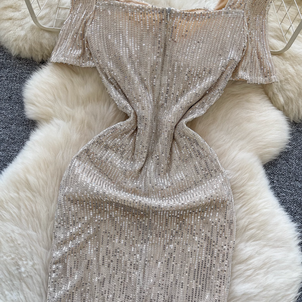 Square Neckline Sequined Split Dress