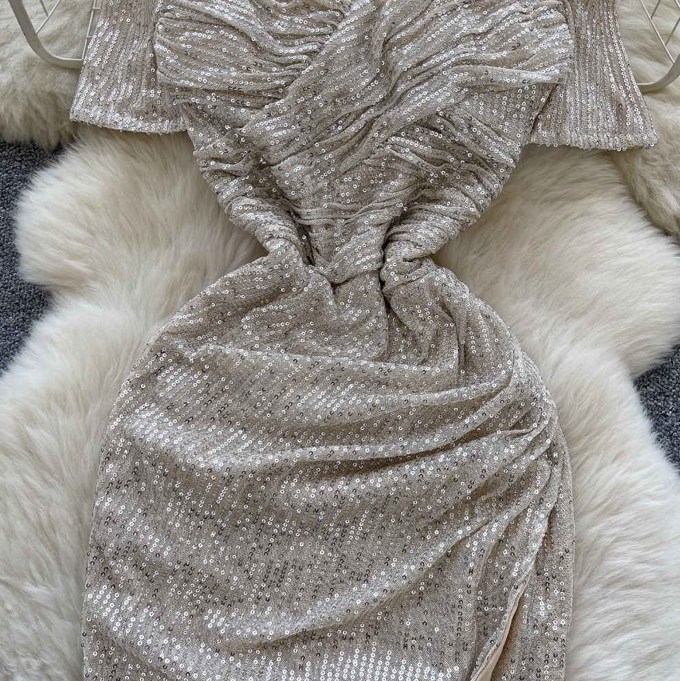 Square Neckline Sequined Split Dress
