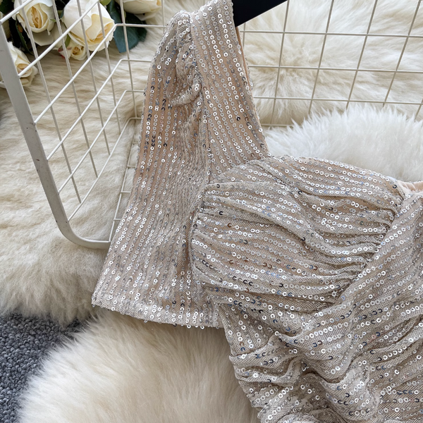 Square Neckline Sequined Split Dress