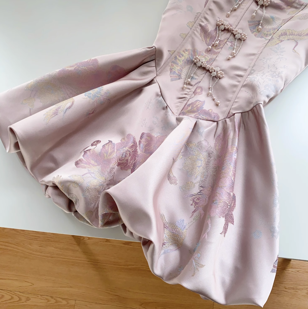 High-end Beaded Floral Jacquard Dress