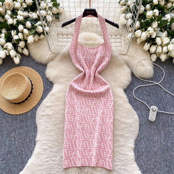 Backless Geometric Printed Halter Dress