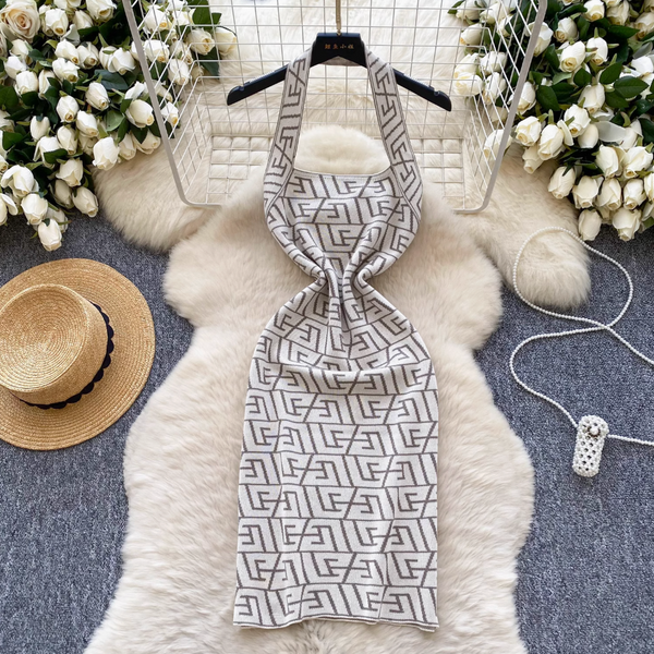 Backless Geometric Printed Halter Dress