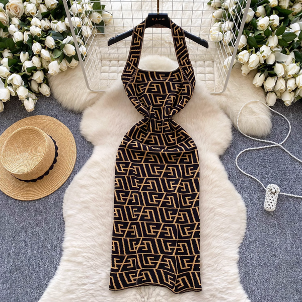 Backless Geometric Printed Halter Dress