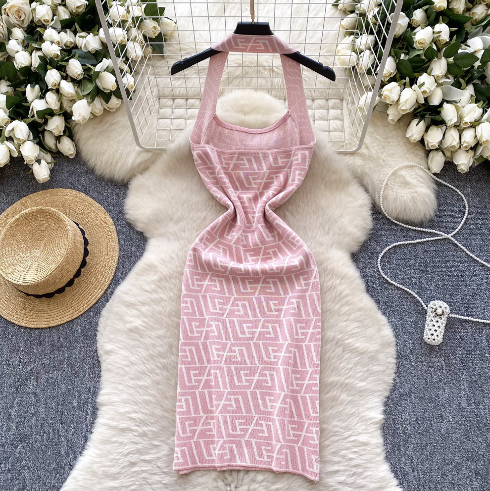 Backless Geometric Printed Halter Dress