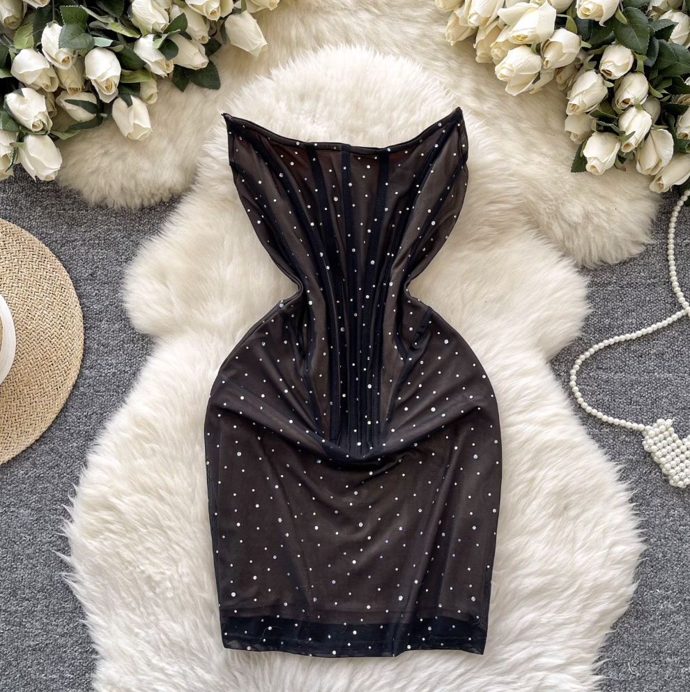 Off-shoulder Beaded Slim Black Dress