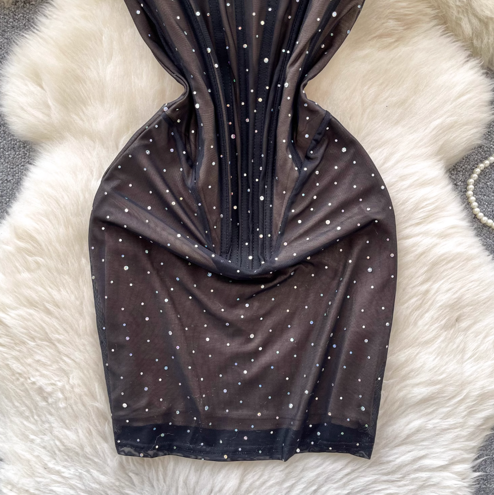 Off-shoulder Beaded Slim Black Dress