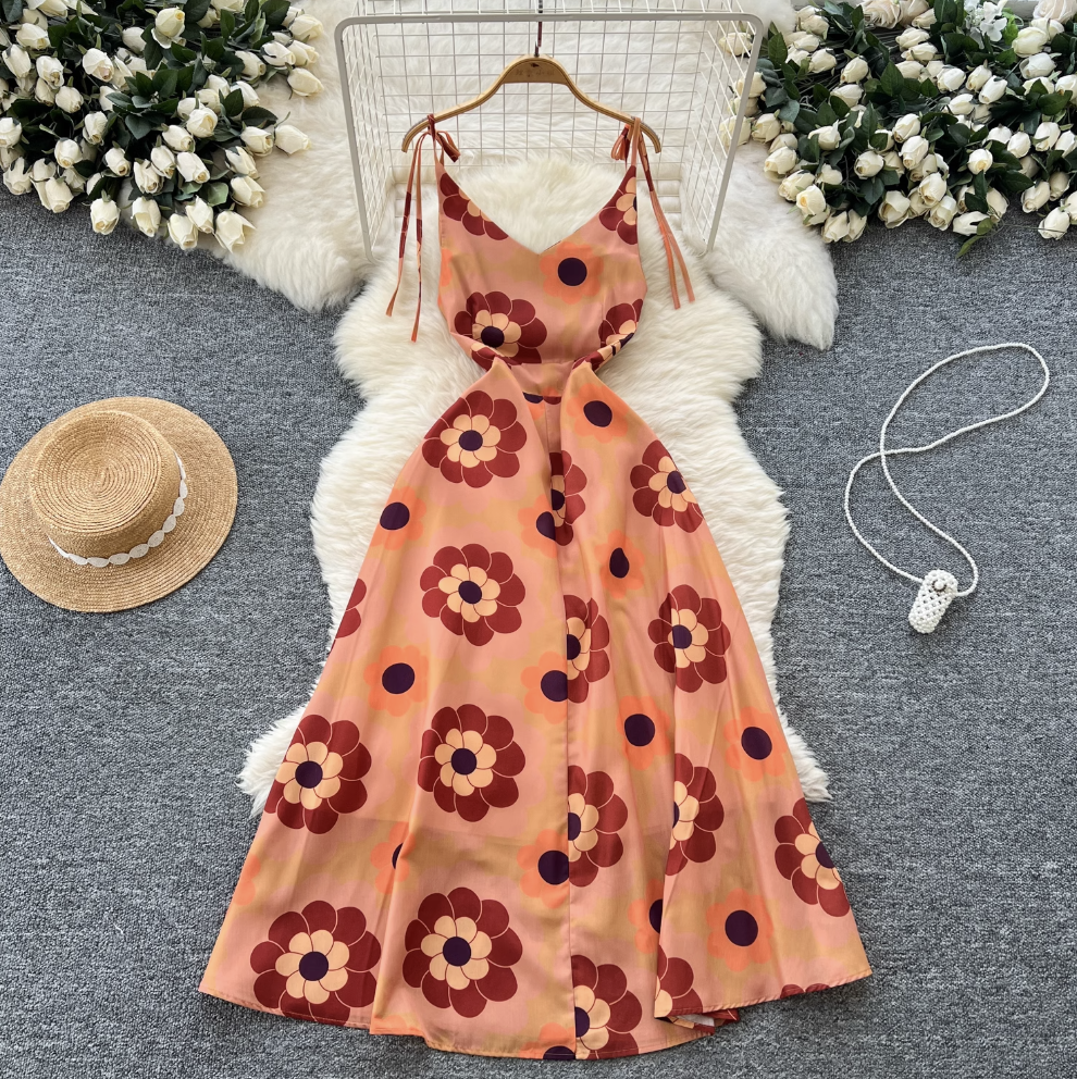 Bohemian Style Printed Backless Slip Dress