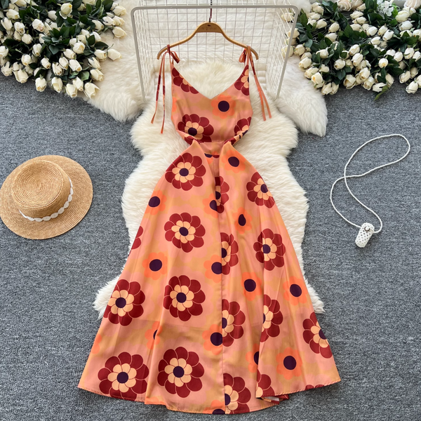 Bohemian Style Printed Backless Slip Dress