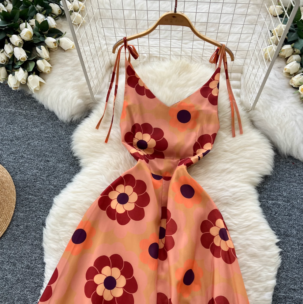 Bohemian Style Printed Backless Slip Dress