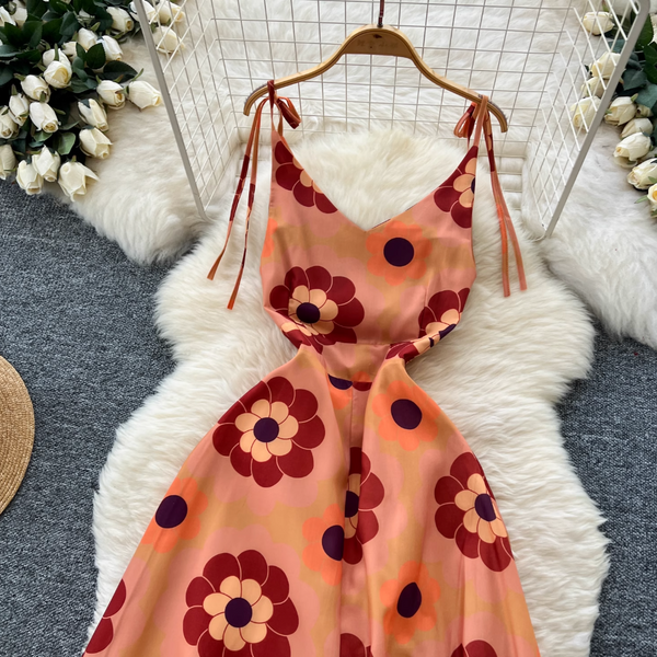 Bohemian Style Printed Backless Slip Dress